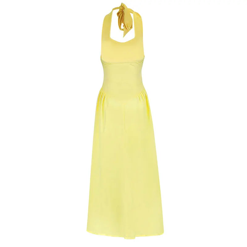Backless Halter Maxi Dress – Solid Color V-Neck Slim Fit for Summer