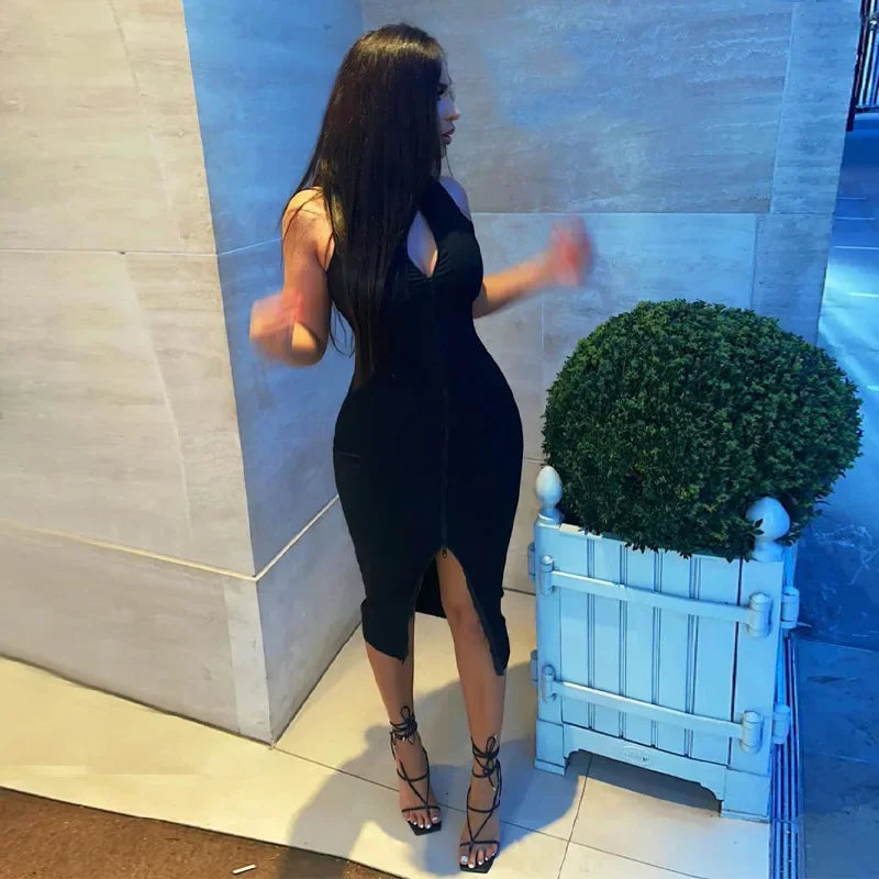 Sleeveless Black Bodycon Dress – Zipper Streetwear Summer Style