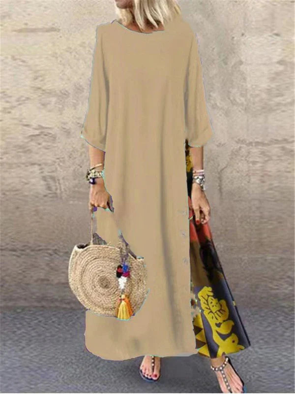 Vintage Print Maxi Dress – Elegant O-Neck Mid Sleeve Streetwear Style
