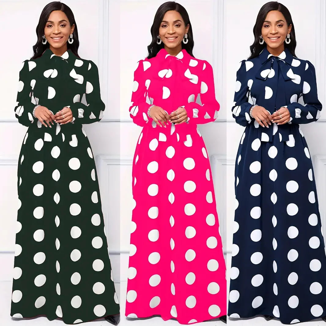 Polka Dot Maxi Dress – Elegant Bow Tie Casual Style