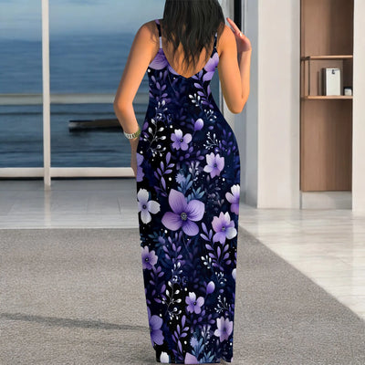 Watercolor Floral Maxi Dress – Soft V-Neck Cami Style with Spaghetti Straps