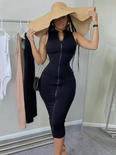 Sleeveless Black Bodycon Dress – Zipper Streetwear Summer Style