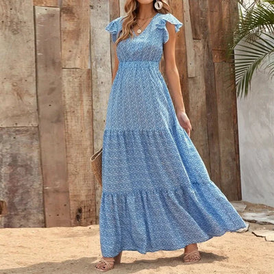 Printed V-Neck Split Dress – Summer High Waist Style