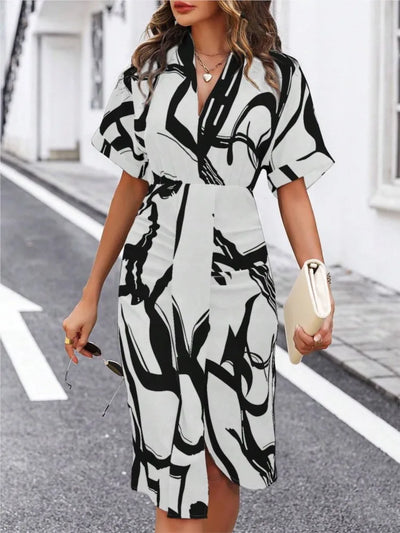Printed V-Neck Split Dress – High Waist Pullover Style for Summer