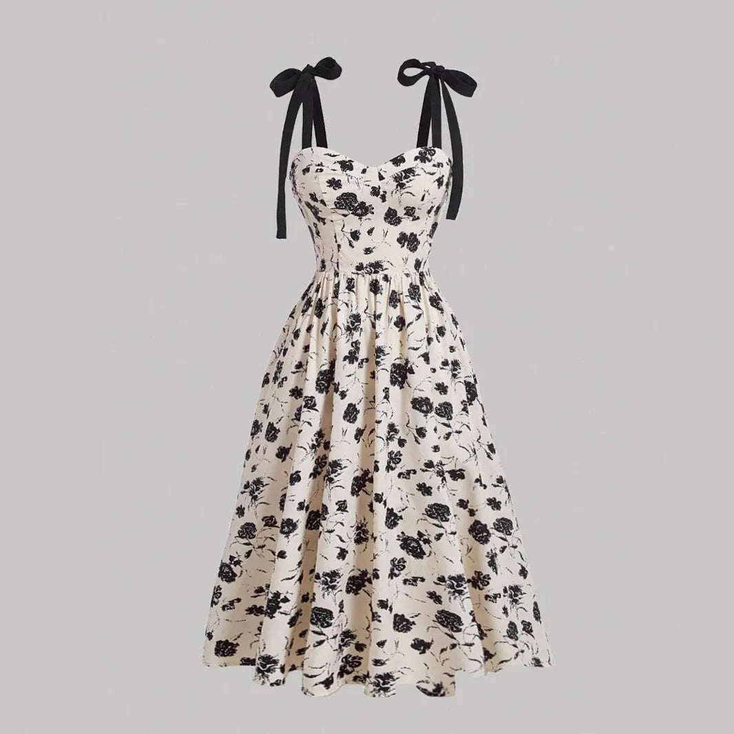 Floral Lace-Up Maxi Dress – Vintage Shoulder Strap Style for Summer