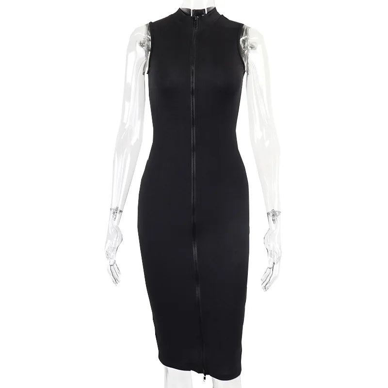 Sleeveless Black Bodycon Dress – Zipper Streetwear Summer Style