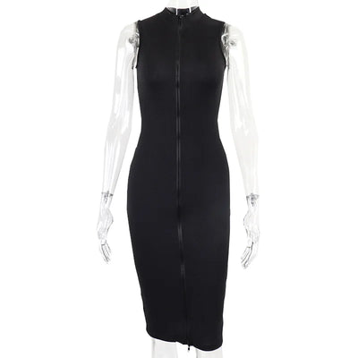 Sleeveless Black Bodycon Dress – Zipper Streetwear Summer Style