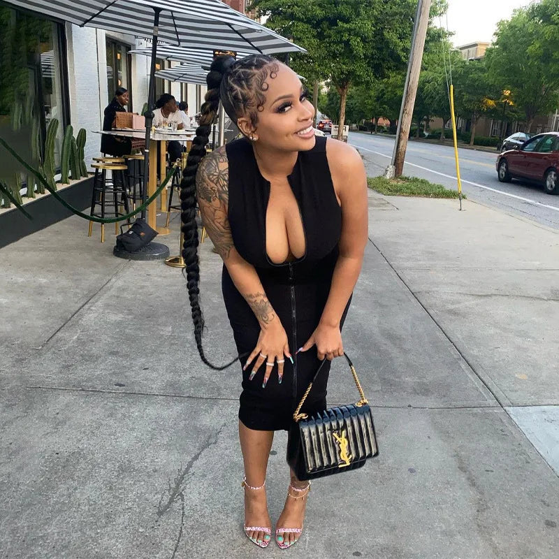Sleeveless Black Bodycon Dress – Zipper Streetwear Summer Style