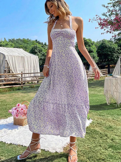 Green Floral Backless Ruffle Midi Dress – Summer 2024