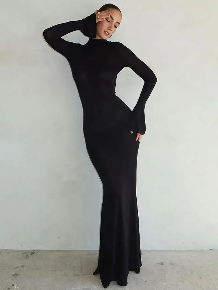 Elegant Black Back Hollow Out Maxi Dress