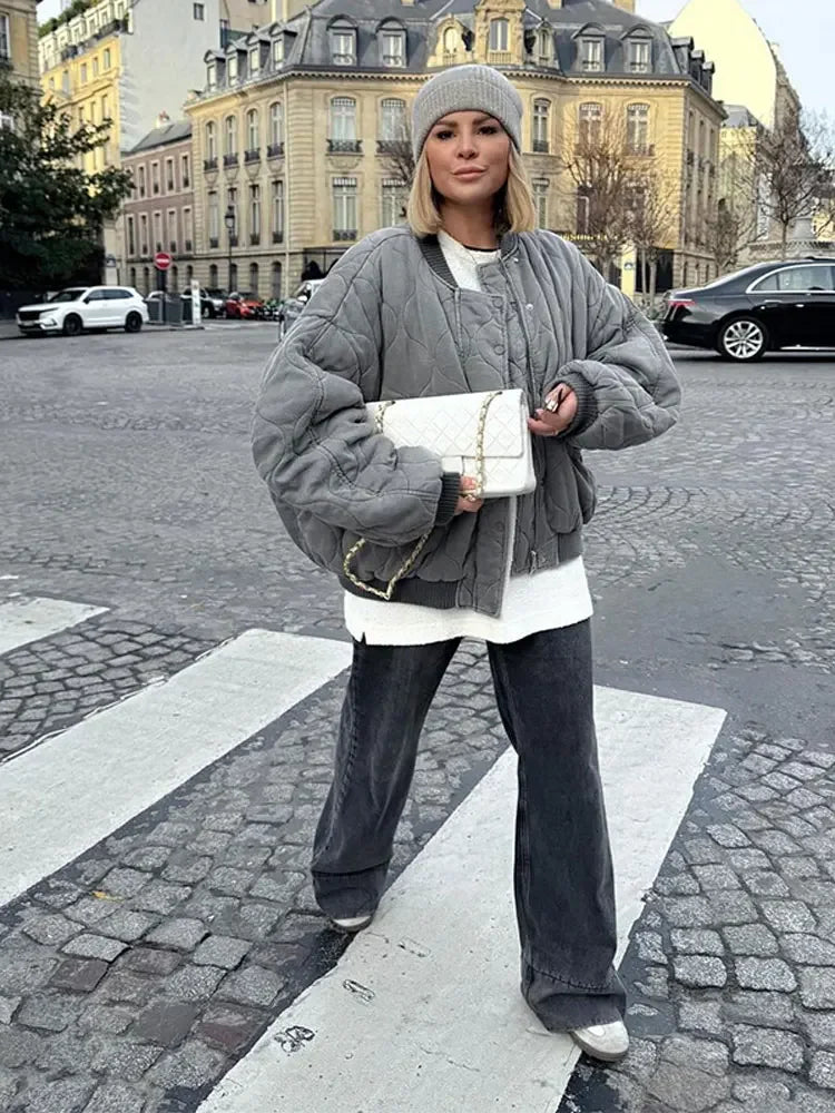 Quilted Grey Cotton Casual Jacket