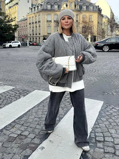 Quilted Grey Cotton Casual Jacket