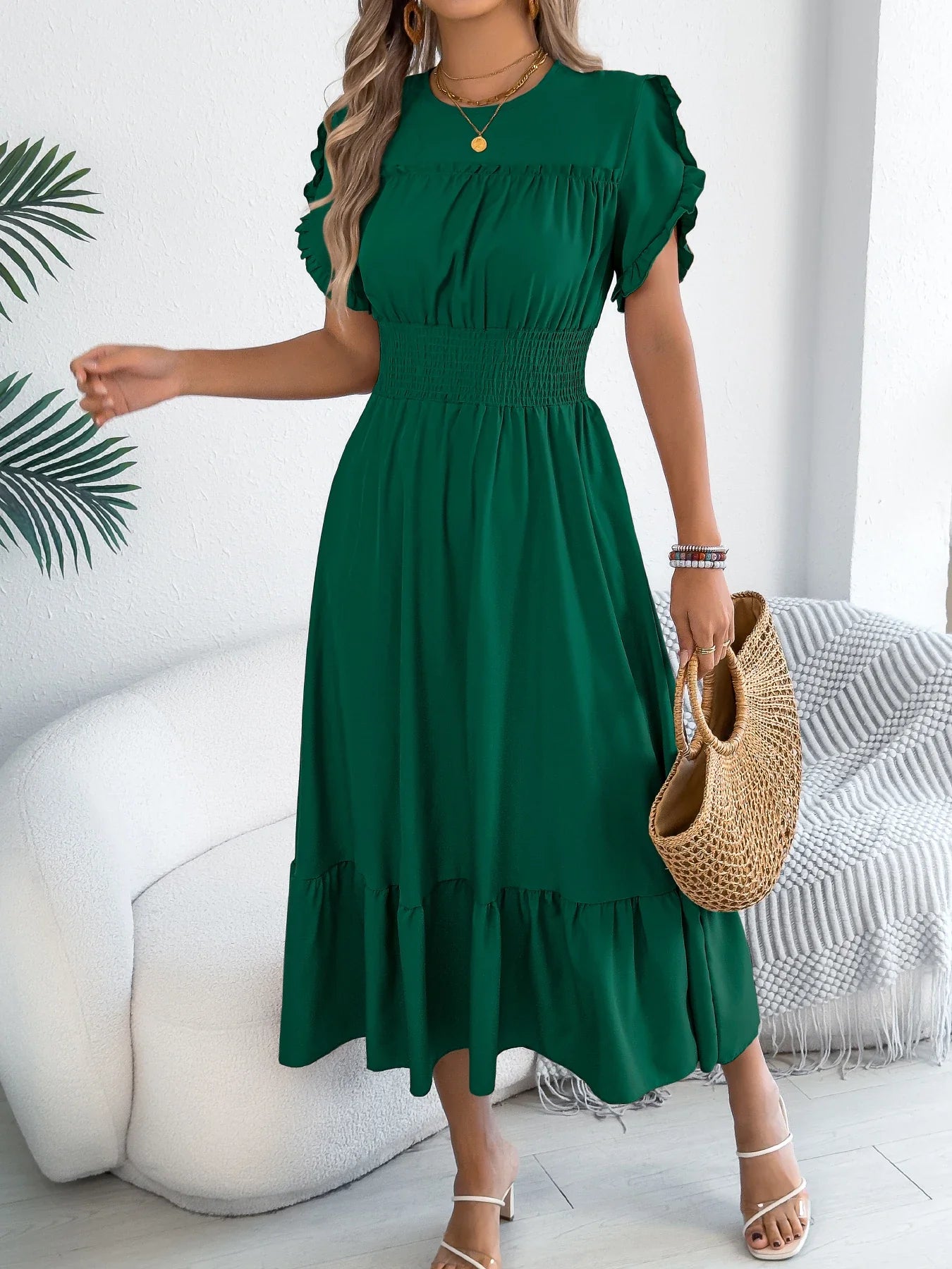 Ruffle Maxi Dress – Cinched Waist Elegant Spring Look