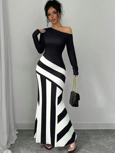 Black & White Patchwork Knitted Maxi Dress – Slim Streetwear