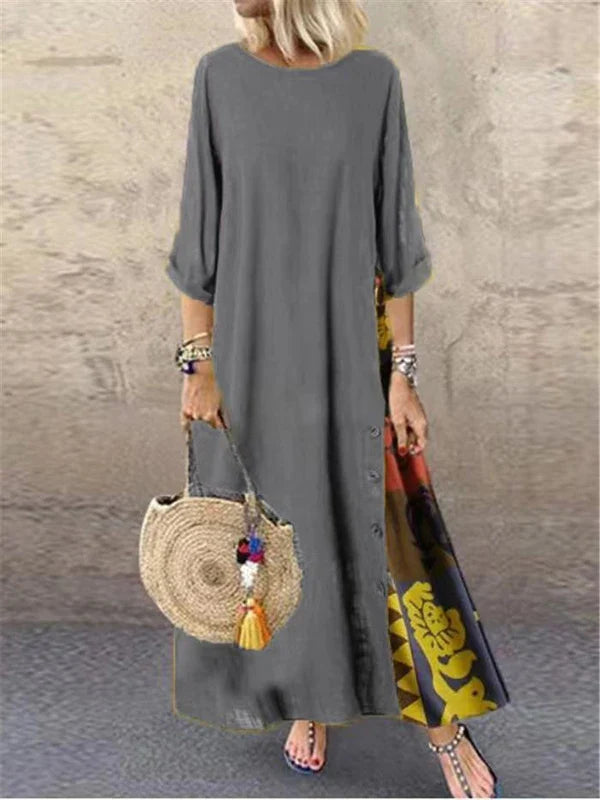 Vintage Print Maxi Dress – Elegant O-Neck Mid Sleeve Streetwear Style