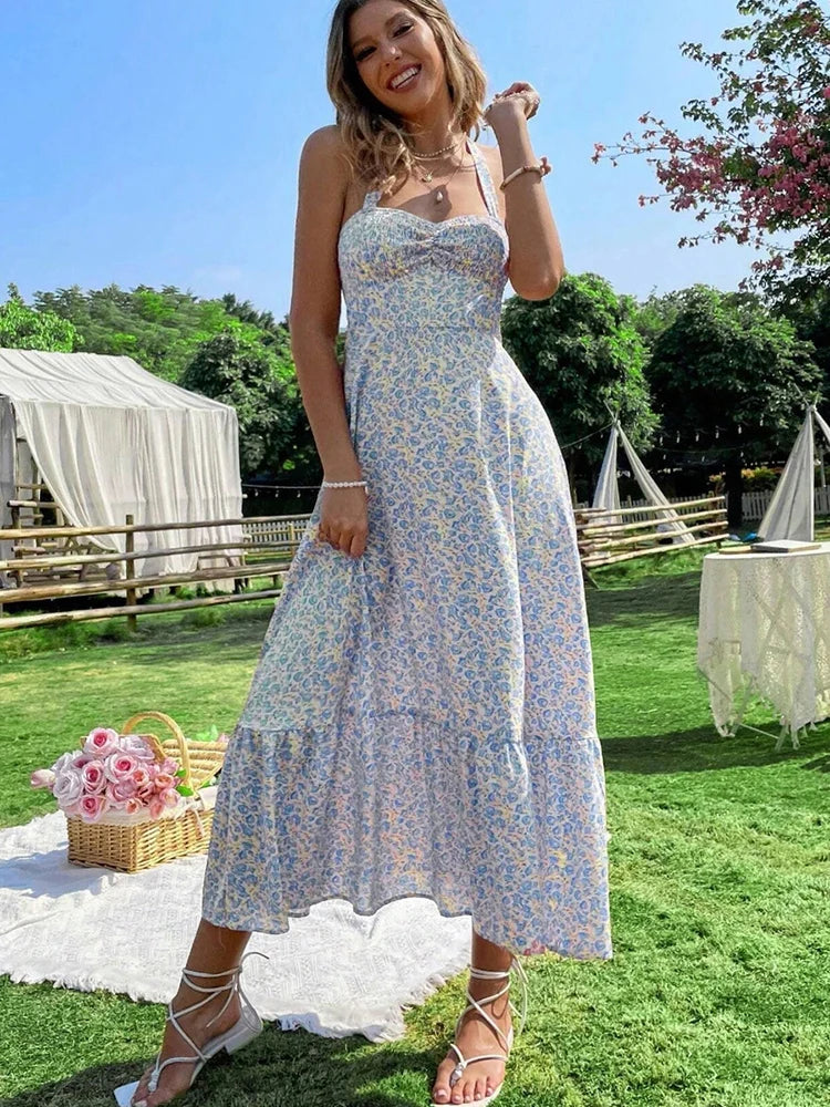 Green Floral Backless Ruffle Midi Dress – Summer 2024