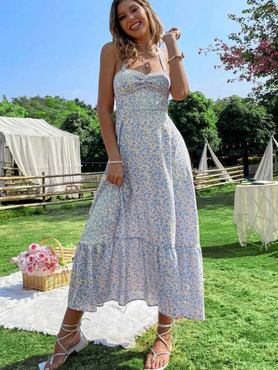 Green Floral Backless Ruffle Midi Dress – Summer 2024