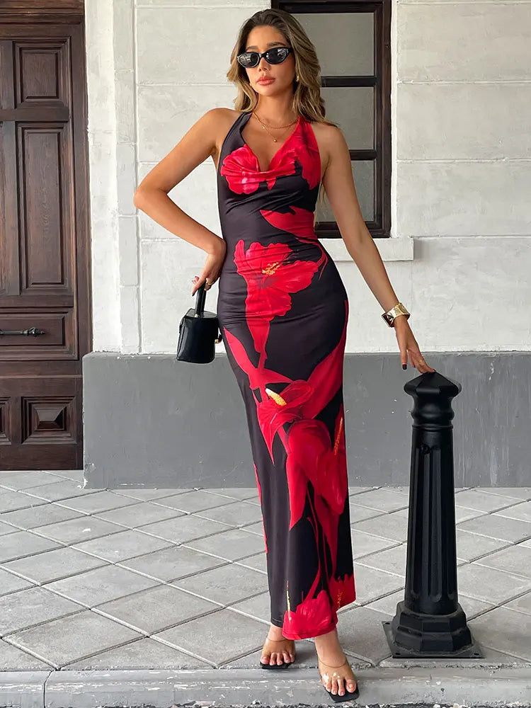 Sexy Backless Knitted Maxi Dress – Lace-Up V-Neck Streetwear Style