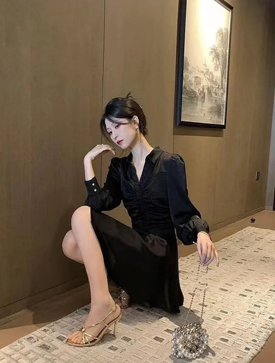 Elegant Long Sleeve Midi Dress – Korean Party Style