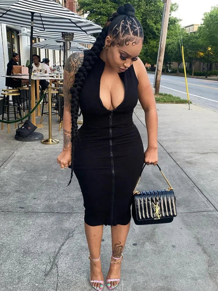Sleeveless Black Bodycon Dress – Zipper Streetwear Summer Style
