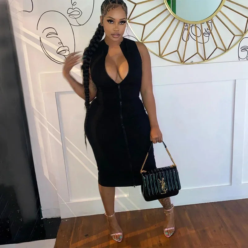 Sleeveless Black Bodycon Dress – Zipper Streetwear Summer Style