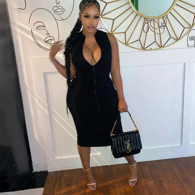 Sleeveless Black Bodycon Dress – Zipper Streetwear Summer Style