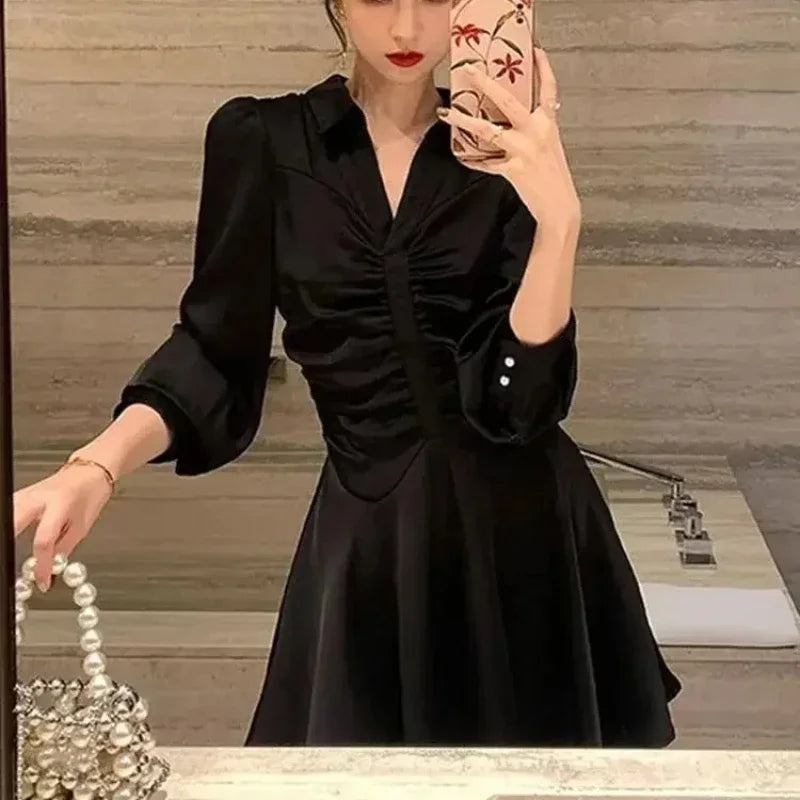 Elegant Long Sleeve Midi Dress – Korean Party Style