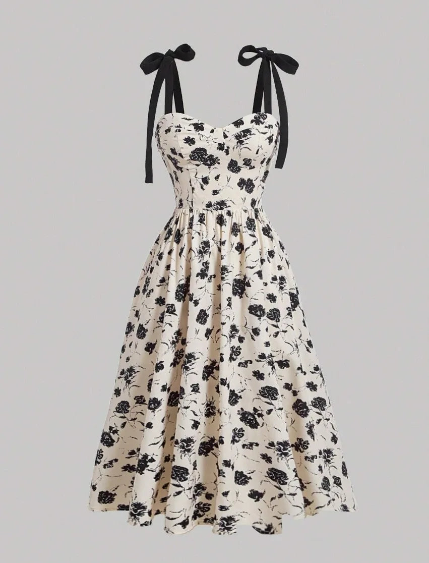 Floral Lace-Up Maxi Dress – Vintage Shoulder Strap Style for Summer