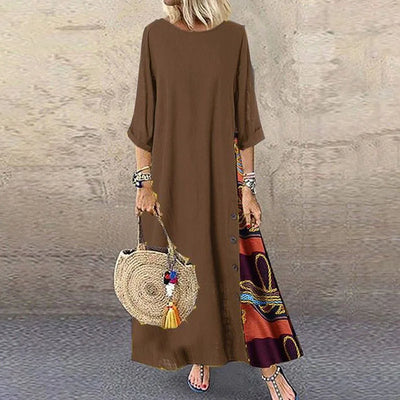 Vintage Print Maxi Dress – Elegant O-Neck Mid Sleeve Streetwear Style