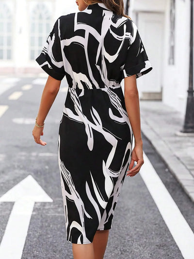 Printed V-Neck Split Dress – High Waist Pullover Style for Summer