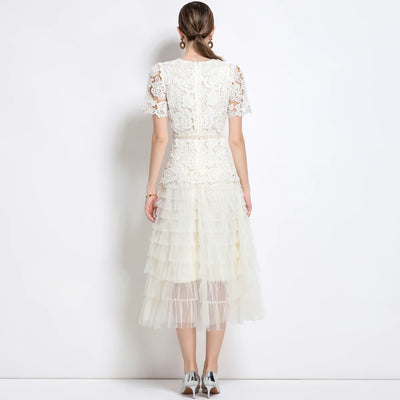 Luxury Lace Embroidered Midi Dress – A-Line Party Style 2025