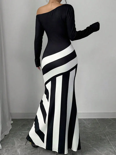 Black & White Patchwork Knitted Maxi Dress – Slim Streetwear