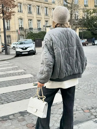 Quilted Grey Cotton Casual Jacket