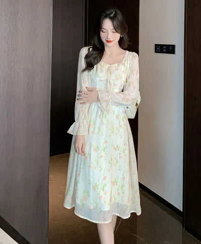 Chiffon Splice Midi Dress – Loose Fit Korean Style 2025