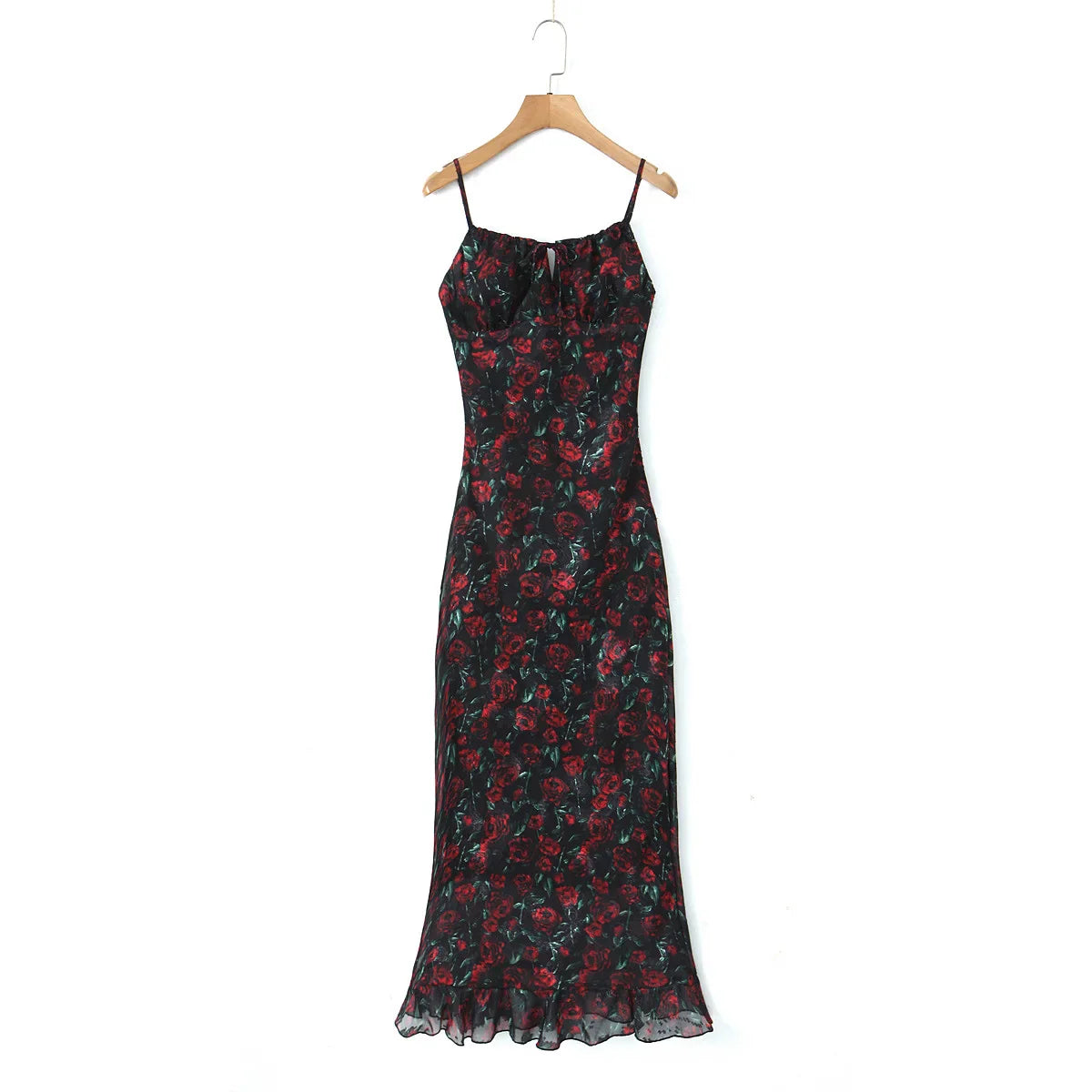 Vintage Floral Bodycon Midi Dress – Black Tie Front (Summer 2025)