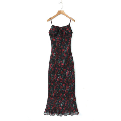 Vintage Floral Bodycon Midi Dress – Black Tie Front (Summer 2025)