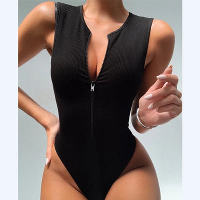 Zipper Front Bodysuit – Sexy Sleeveless One-Piece