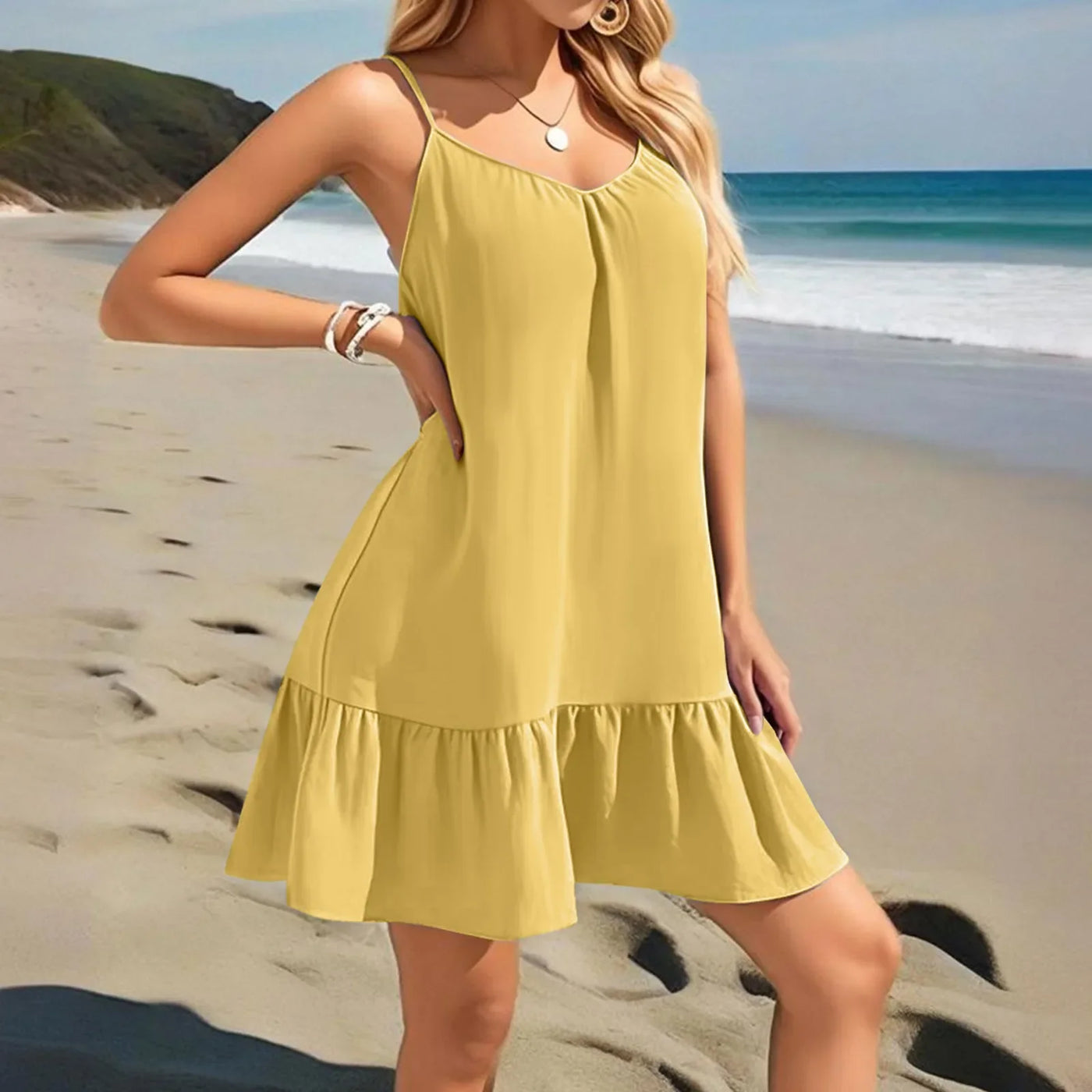 Spaghetti Strap Ruffle Dress – Sleeveless Beach Look