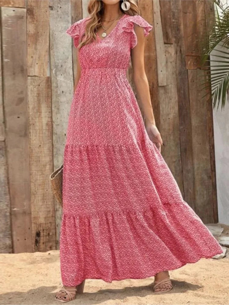 Printed V-Neck Split Dress – Summer High Waist Style