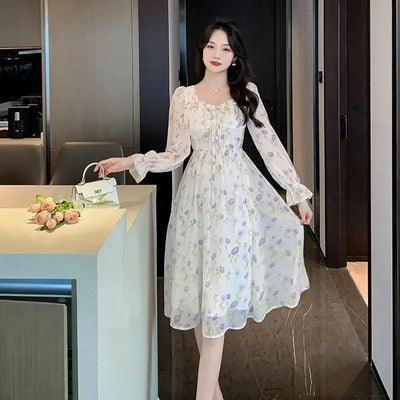 Chiffon Splice Midi Dress – Loose Fit Korean Style 2025