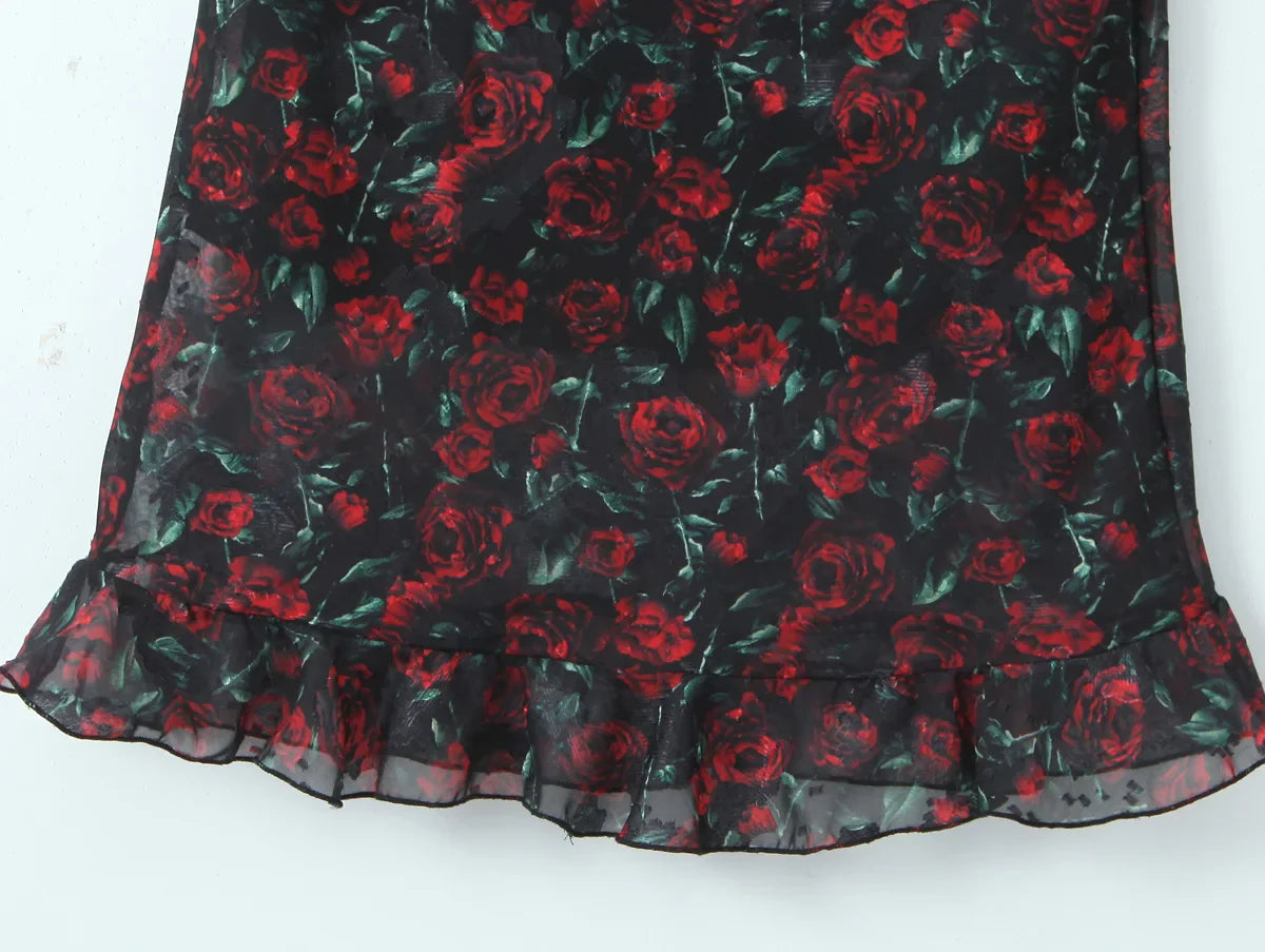 Vintage Floral Bodycon Midi Dress – Black Tie Front (Summer 2025)