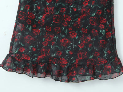 Vintage Floral Bodycon Midi Dress – Black Tie Front (Summer 2025)