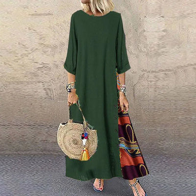 Vintage Print Maxi Dress – Elegant O-Neck Mid Sleeve Streetwear Style