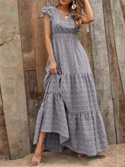 Printed V-Neck Split Dress – Summer High Waist Style