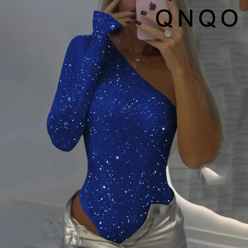 Sequined Asymmetrical Off Shoulder Bodysuit