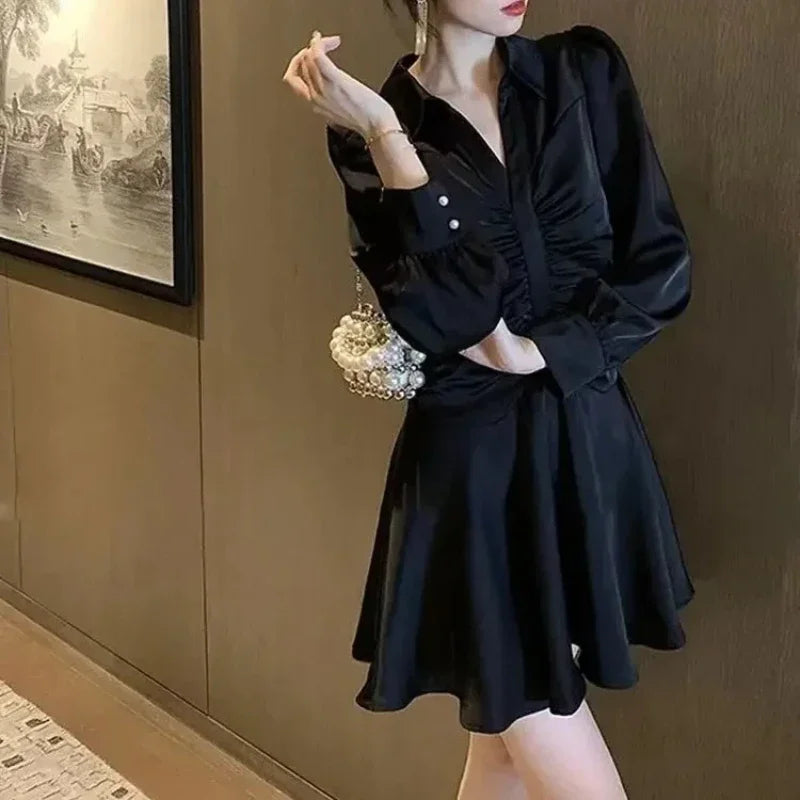 Elegant Long Sleeve Midi Dress – Korean Party Style
