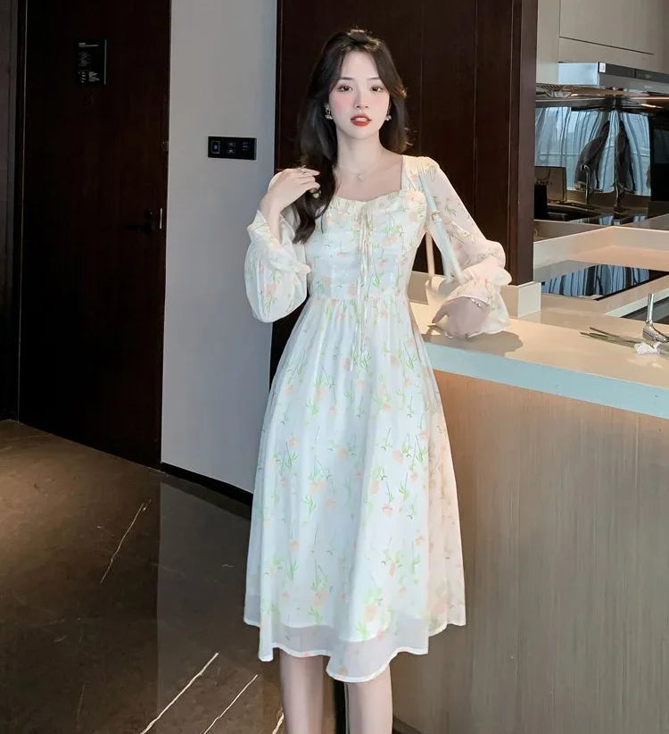 Chiffon Splice Midi Dress – Loose Fit Korean Style 2025