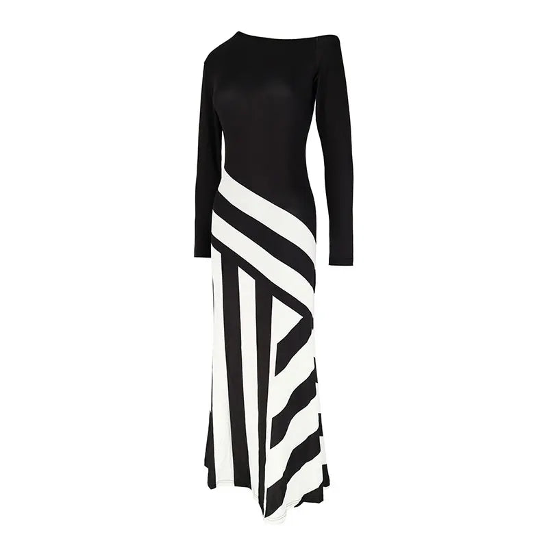 Black & White Patchwork Knitted Maxi Dress – Slim Streetwear