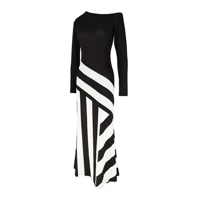 Black & White Patchwork Knitted Maxi Dress – Slim Streetwear