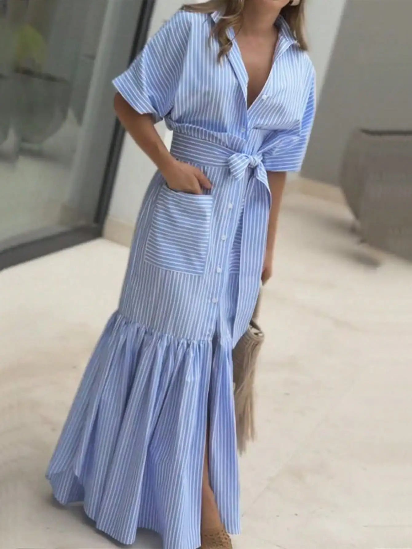 High Waist Shirt Collar Dress – Flounce Hem & Lace-Up Waist